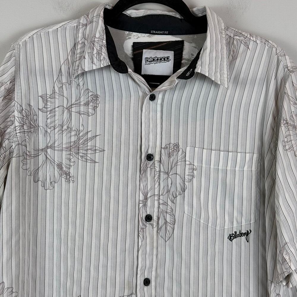 Billabong Mens Camp‎ Shirt L Gray Striped Graphic Print Short Sleeve Button-Up